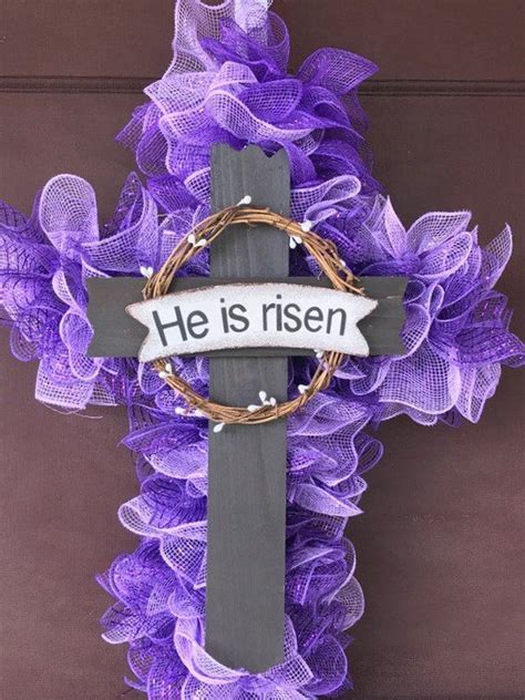 Easter Wreatheaster Cross Wreathhe Is Risen Wood Etsy Easter Mesh