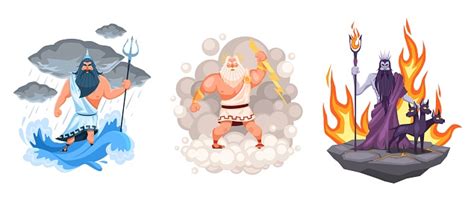 Three Main Greek Gods Cartoon Zeus Poseidon And Hades Elements