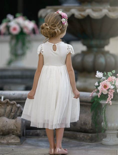 Luciana Cap Sleeve Lace Flower Girl Dress Ivory Think Pink Bows