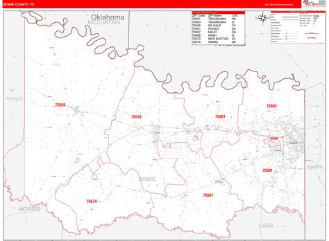 Bowie County, TX Zip Code Wall Map Red Line Style by MarketMAPS - MapSales