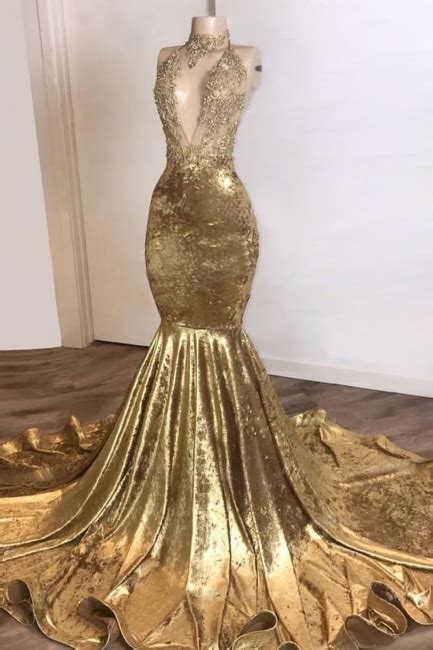 Gold Plunge V Neck Mermaid Beaded Lace Applique Prom Evening Dresses