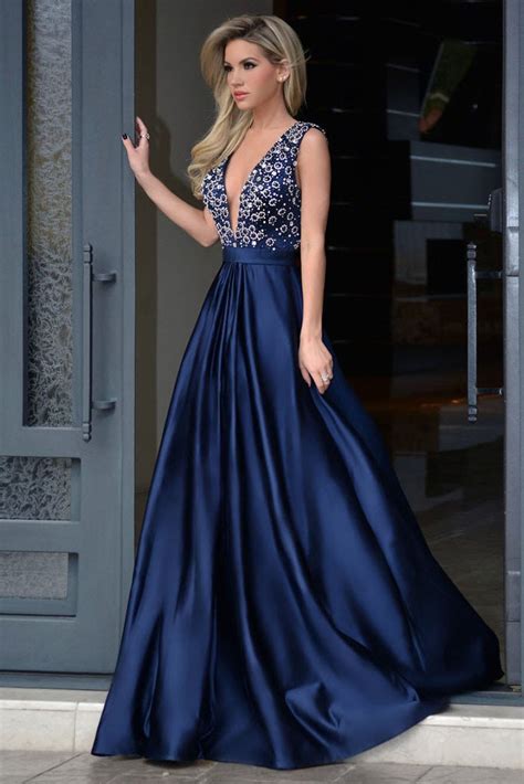 Elegant Deep V Neck Royal Blue Rhinestone A Line Long Cheap Prom Dress Okdresses