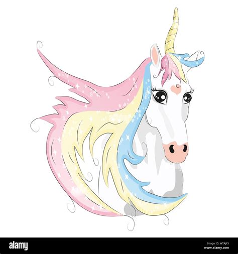 Cute Unicorn Face With Horn And Beauty Rainbow Hair Cartoon Character
