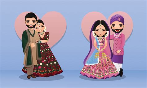 set of cute couple in traditional indian dress cartoon characters bride and groom wedding