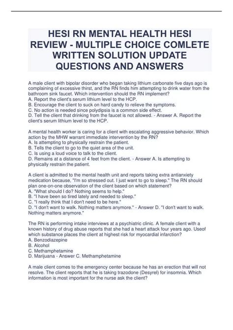 HESI RN MENTAL HEALTH HESI REVIEW - MULTIPLE CHOICE COMLETE WRITTEN