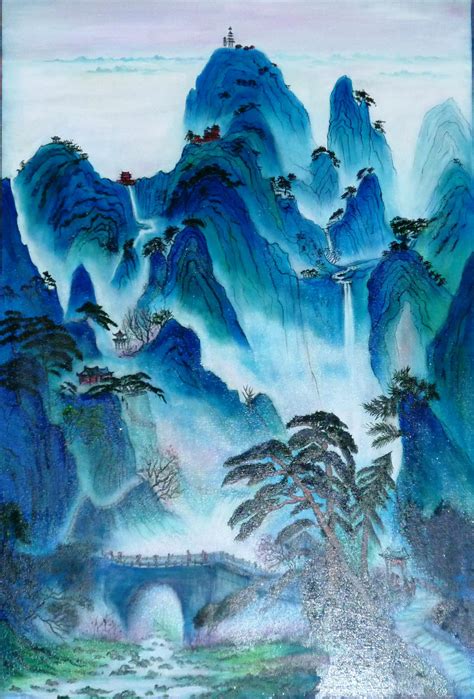 A Painting With Mountains And Trees In The Background