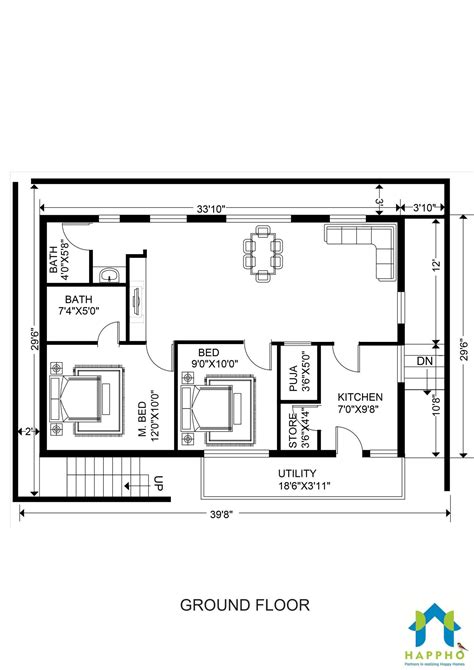 1200 Sq Ft 2 Bhk 031 Happho 30x40 House Plans 2bhk House Plan Vrogue