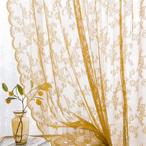 Sutuo Home Gold Lace Curtains Set Of 2 Sheer Panels 72