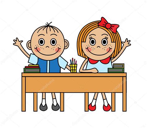 Crianças Dos Desenhos Animados Sentado Na Mesa Da Escola — Vetor De