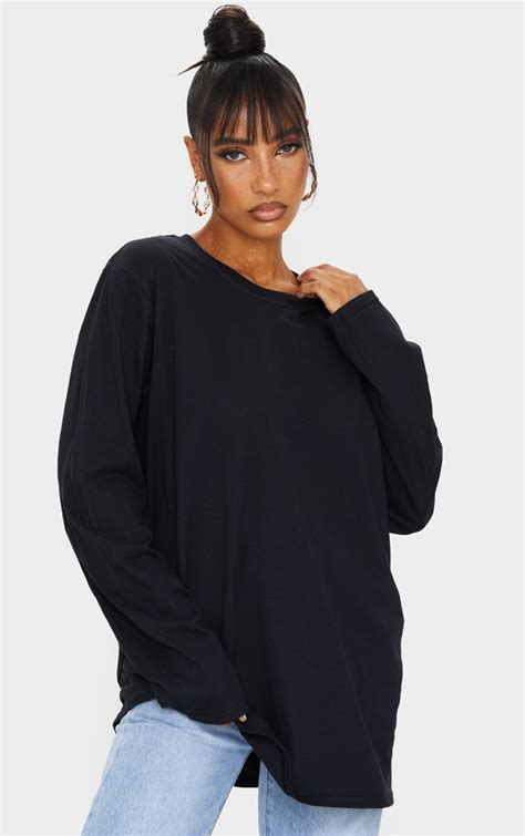 Black La Oversized Long Sleeve T Shirt Tops Prettylittlething Ie