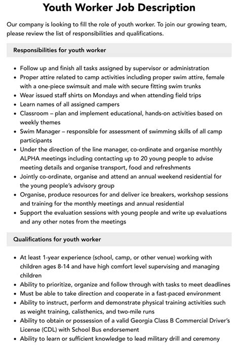 youth worker job description velvet jobs