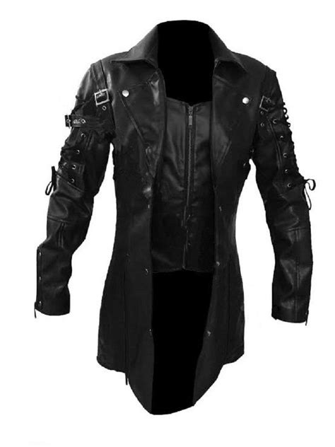 Goth Matrix Trench Coat In Black Faux Leather Handmade Steampunk Halloween Coat In Black