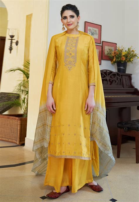 Yellow Cotton Palazzo Suit 177309 Palazzo Suit Party Wear Dresses