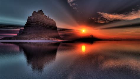 Beautiful Scenery Sunset Lake Rock Hill Reflection Wallpaper