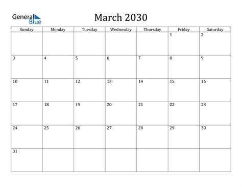 March 2030 Calendar Pdf Word Excel
