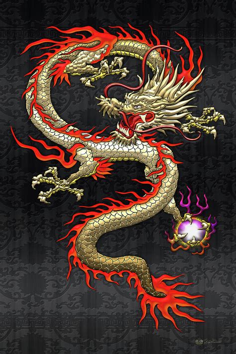 The dragons of east asian legend have sweeping powers. Golden Chinese Dragon Fucanglong on Black Silk Digital Art ...