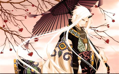 Trees Demons Horns Long Hair Red Eyes Male Anime Boys Umbrellas White Hair Japanese Clothes