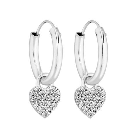 Simply Silver Sterling Silver 925 Cubic Zirconia Pave Heart Charm Hoop