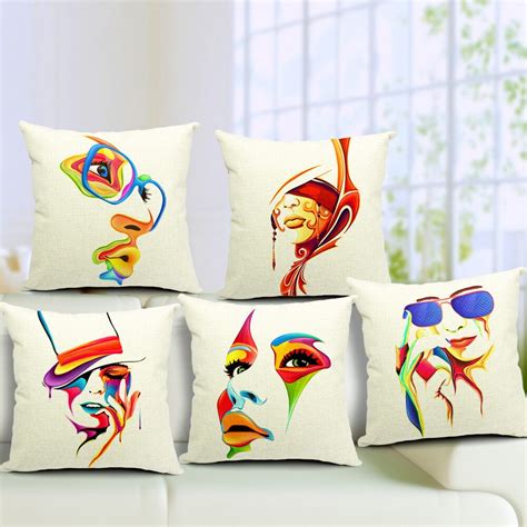 North Europe Art Face Creative Colorful Pillow Cushion Cover For Sofa 160g Thick Linen Cotton