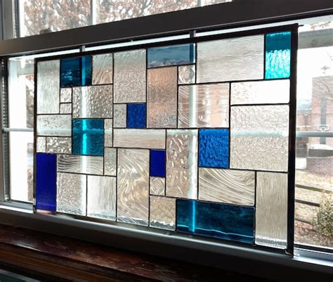 Geometric Stained Glass Window Panel Blue And Clear Custom Etsy