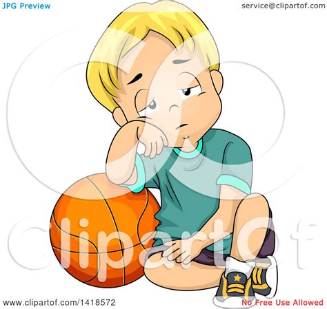 Clipart Of A Tired Blond Caucasian Boy Leaning On A Basketball