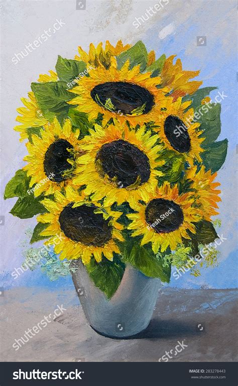 Oil Painting Bouquet Of Sunflowers In A Vase On An