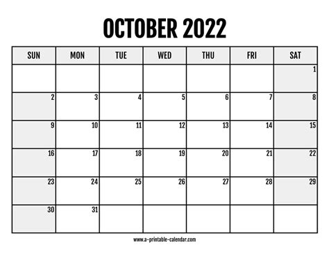 2022 October Calendar Printable A Printable Calendar
