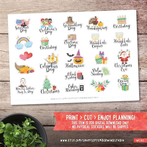 Yearly Holidays Printable Planner Stickers Watercolor Etsy
