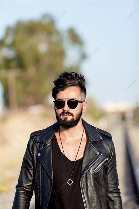Handsome Guy With Leather Jacket And Sunglasses Background Confident