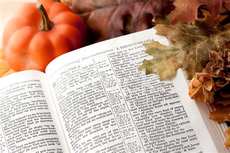 Thanksgiving Bible Passage And Fall Decorations Stock Photos