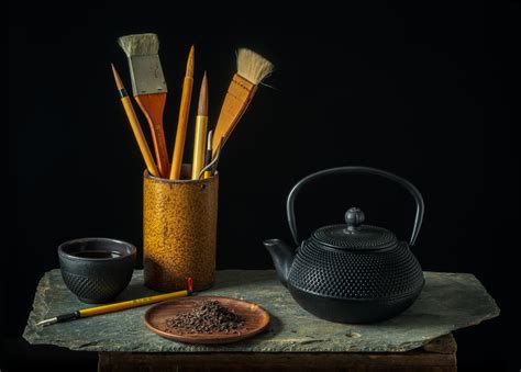 Japanese Tea Pot With Calligraphy Brushes Still Life Photography