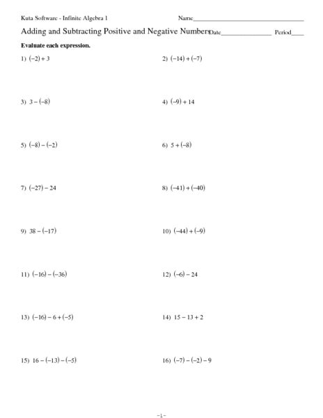 Addition And Subtraction Positive And Negative Numbers Worksheet