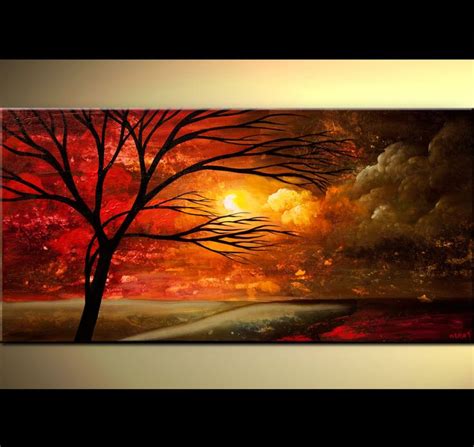 Original Large Abstract Red Tree Painting Red Sunset