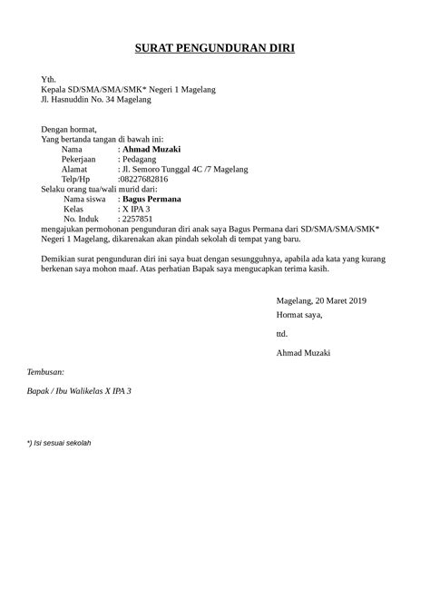 Contoh Surat Pengunduran Diri Resign Dari Kerja File Doc