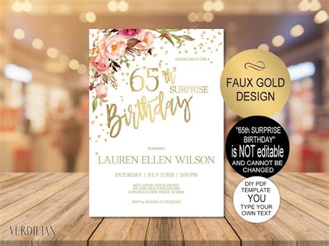 65th Surprise Birthday Invitation Blush Gold Floral Birthday Etsy