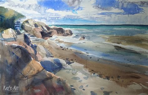2017 Art Painting Watercolor Seascape Beach Dodds Rocks By Kate Kos