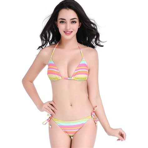 Summer Beach Wear Rainbow Striped Halter String Bikini Set Swimsuit Mini Micro Thong Swimwear