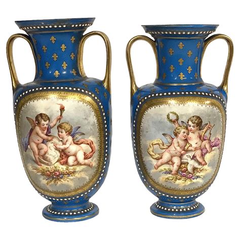 Pair Of French Sevres Porcelain Vases 19th Century In Celeste Blue Grand Scale At 1stdibs