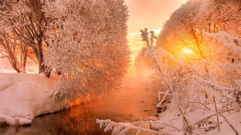 Winter Sunrise Over The River Wallpaper Backiee