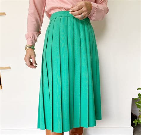 Green Pleated Midi Skirt Uk16 90s Skirt Preppy Skirt Etsy