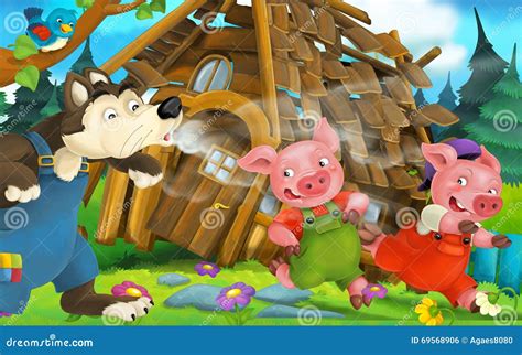 Big Bad Wolf Blowing Down House Three Little Pigs Vector Illustration