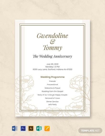 Choose a free event program template to customize online. FREE Wedding Anniversary Program Template - Word (DOC) | PSD | InDesign | Apple (MAC) Pages ...