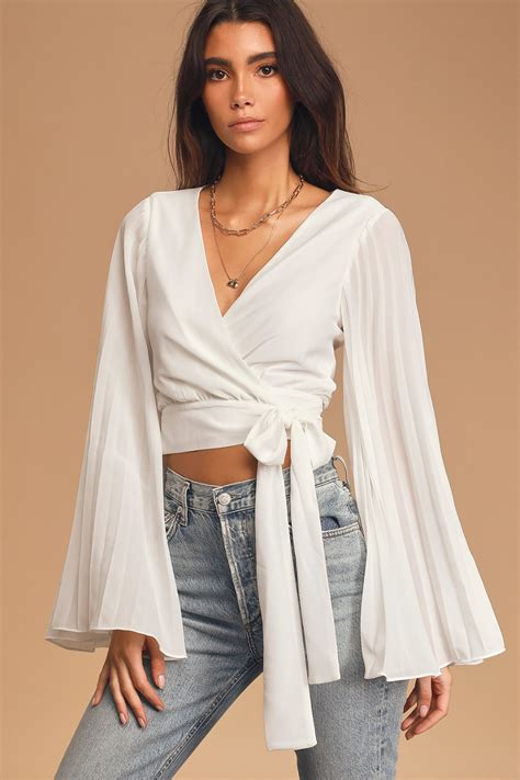 someday swoon white pleated bell sleeve wrap top wrap top outfit top outfits chic tops blouses