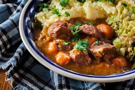Traditional Irish Stew Served With Potatoes And Cabbage Stock Photo