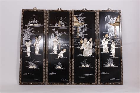 Lot Japanese Four Panel Black Lacquer And Mother Of Pearl Wall Hanging