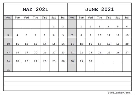 Editable June 2021 Calendar Printable Blank Calendar Template