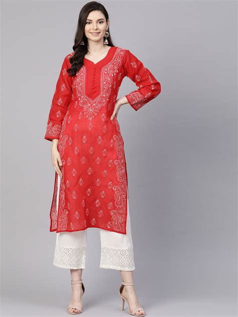 Red Cotton Lucknowi Chikan Kurti Designs For Dresses Long Kurti
