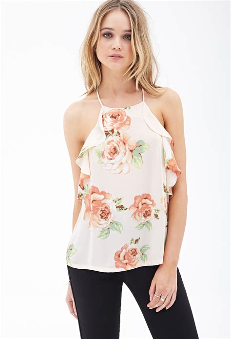 Forever 21 Floral Chiffon Halter Top In Multicolor Blushcoral Lyst