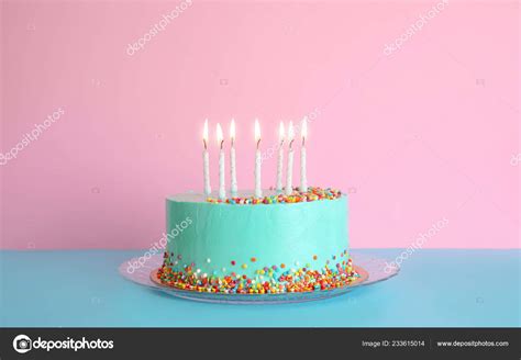 Fresh Delicious Birthday Cake Candles Table Color Background Stock