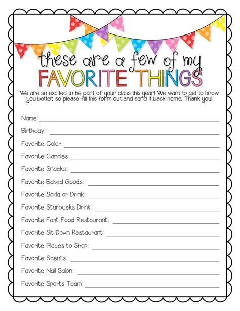 Teacher Questionnaire Free Printable Teacher Favorite Things